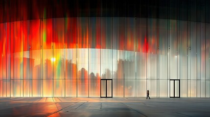   A person stands in front of a towering building with a vibrant red and yellow curtain adorning its side