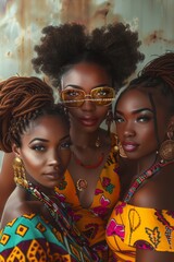 Obraz premium An ensemble of African-American women, dressed in elegant, fashionable African-style clothing, brown skin tone, afro-style hairstyle, braids and dreadlocks.