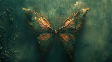   A butterfly with open wings on a green canvas - obrazy, fototapety, plakaty