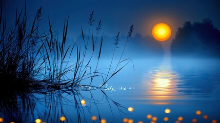   A full moon rises over a body of water, framed by reeds in the foreground - Powered by Adobe