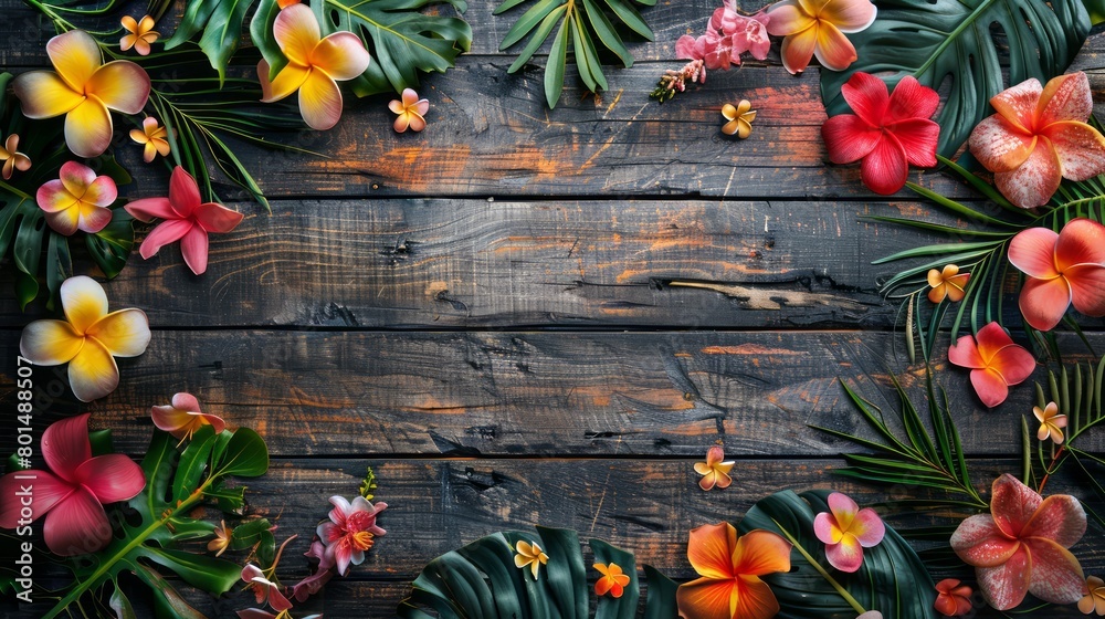 Poster a wooden frame with a colorful arrangement of flowers and leaves. the frame is empty, but the flower