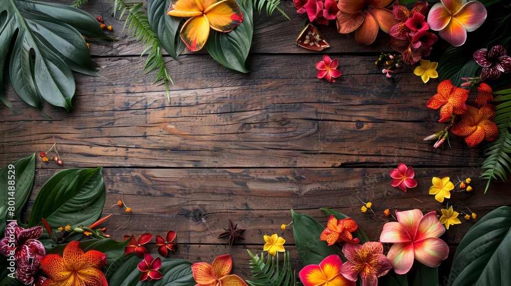 Poster a wooden frame with a colorful arrangement of flowers and leaves. the frame is empty, but the flower
