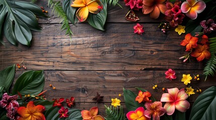 A wooden frame with a colorful arrangement of flowers and leaves. The frame is empty, but the...