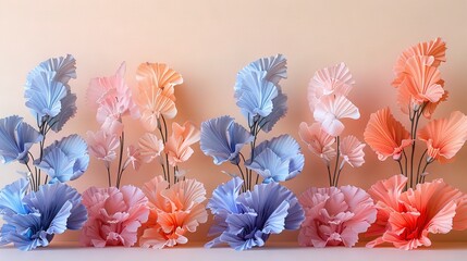   A cluster of pink, blue, and pink blooms is situated before a white backdrop with additional blue and pink blossoms in the foreground