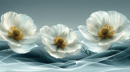   Three white flowers rest atop a blue-white wave-covered ground, alongside a black-white clock