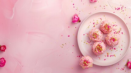 Pastel pink Holi celebration with assorted sweets on a white tray, symmetrical flat lay composition
