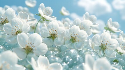   White flowers float in air against a blue sky and clouded background