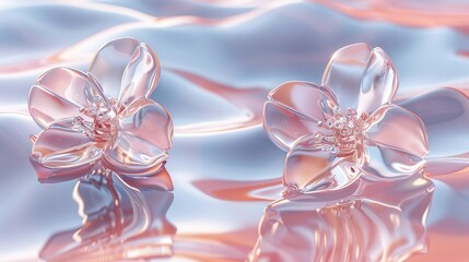   A pair of pink blossoms resting atop a blue-and-pink liquid layer, reflecting in the surface below