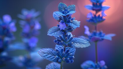   A detailed depiction of a blue flower against a hazy backdrop, featuring a sharp image of various blossoms surrounding it - obrazy, fototapety, plakaty