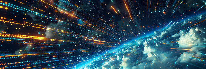 Ultra-wide digital sky, streaked with data clouds and the glow of information flow.
