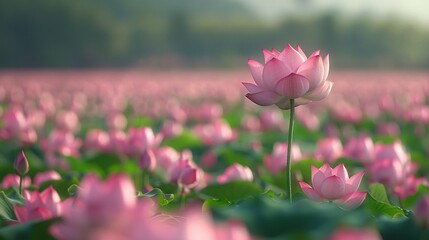 Obraz premium A vast sea of rose hues, speckled by verdant foliage, unfolds before us, while an indistinct blue sky provides a soft backdrop