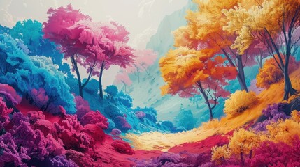 A surreal painting of a forest with pink, blue, and yellow trees and purple flowers.