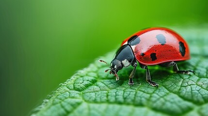 Fototapeta premium A red-and-black ladybug sits closely on a green leaf surrounded by many other leaves in the background