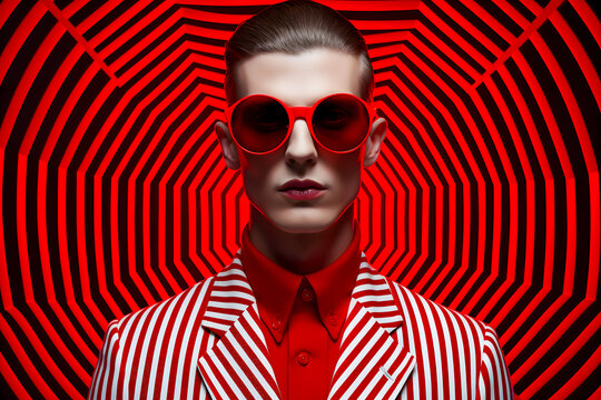 Collage d'un homme &agrave; la mode sur fond  psych&eacute;d&eacute;lique rouge.