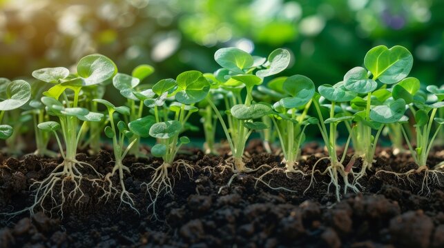 Detailed illustration of earths cross section with visible plant growth stages and root systems