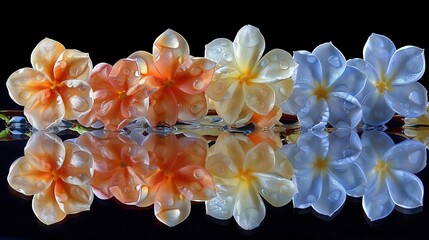   Group of flowers resting atop water in front of black backdrop
