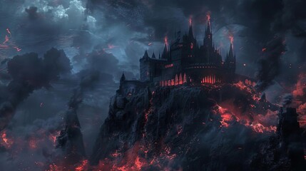 ominous demon castle perched on rocky cliff in fiery hellscape dark fantasy illustration