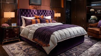 A plush, velvet-upholstered bed beckons with its soft embrace, promising nights of unparalleled comfort and luxury.