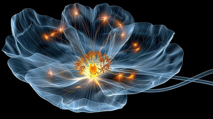  A blue 3D flower with yellow stamens on a black background