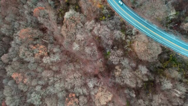 Aerial top down of road and scenery in Fall around abandoned coal town Centralia Pennsylvania