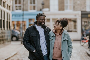 Fototapeta premium African-American couple hugging, walking in city
