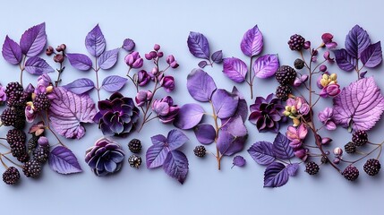   A purple floral arrangement on a blue backdrop surrounded by blackberries and raspberries