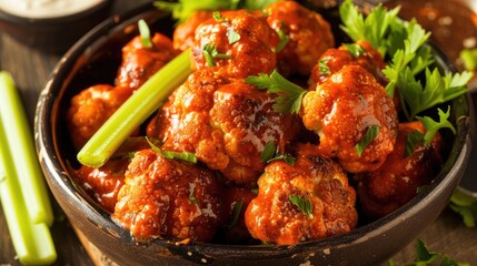 Fototapeta premium buffalo cauliflower bites drizzled with cheese dressing, served alongside crisp celery sticks, in a tantalizing photo capturing the essence of indulgent snacking.