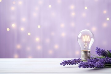 Lavender backdrop with illuminated lightbulb on a white platform symbolizing ideas and creativity business concept creative thinking innovation new idea