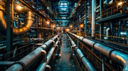 Obraz premium A panoramic view inside a factory showcasing a maze of steel pipelines and valves, illuminated by overhead lights