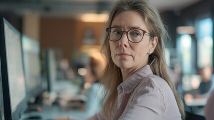 Fototapeta premium Woman with glasses sitting at computer monitor in vision care event