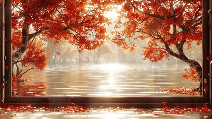   A painting of a serene lake nestled amidst rustling trees with vibrant red foliage blanketing the forest floor, bathed in the golden light filtering through the canopy