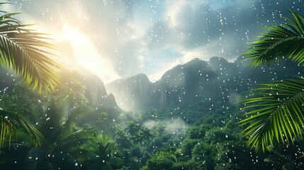   A painting depicts a lush tropical setting, showcasing raindrops cascading down from above while palm trees fill the front area In the background lies a majestic mountain range - Powered by Adobe