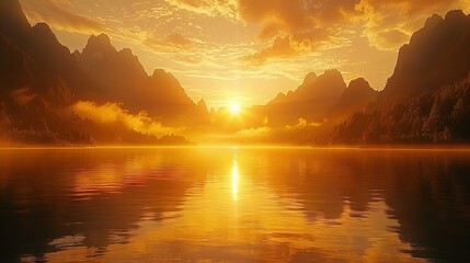   A vast expanse of water with majestic mountains behind and a fiery sun overhead