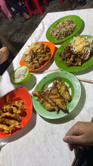 fried karaage, fried shrimp, and cabbage salad with mayonnaise 