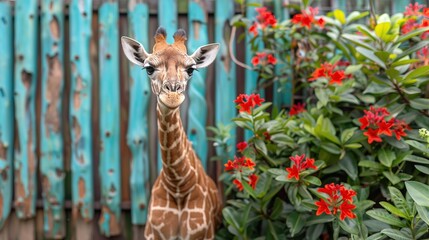   Giraffe close-up with flowers and fence