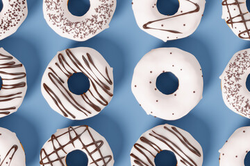Trendy sunlight Summer pattern made with glazed donut with sprinkles on a blue