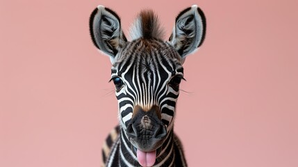   Close up of a zebra's face with tongue hanging out