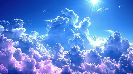   A cloud of fluffy white clouds fills the foreground while the sun shines brightly from a clear blue sky