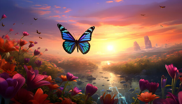 butterfly flying over vibrant natures colorful