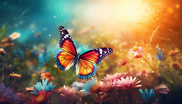 butterfly flying over vibrant natures colorful