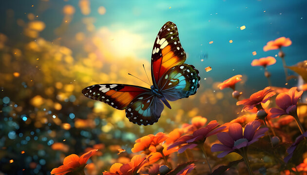 butterfly flying over vibrant natures colorful