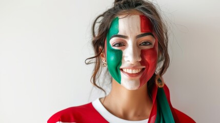25 yo smiling woman face art Italian soccer fan with italian flag painted on her face isolated on...