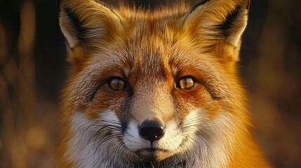 Fototapeta premium A close-up of a red fox's face, with a blurry background of trees in the foreground
