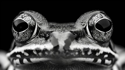   Black and white photo of a frog's face with large round eyes