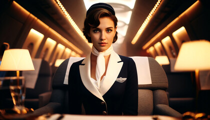 A uniformed beautiful flight attendant in the cabin, waiting for arriving passengers.