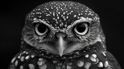   A black-and-white photo of an owl's face with large, rounded, and dotted eyes