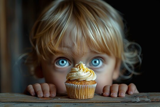  a child's eyes peeking over the edge of a table Grandma's kitchen one single cupcake, beeline eyes for cupcake, toddler wants the cupcake