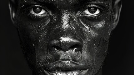   A man's face is smeared in black mud, with his eyes painted black and his nose dusted with white powder