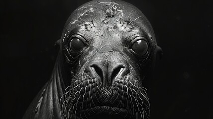   A monochrome image depicts a melancholic sea lion staring directly into the lens