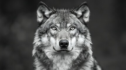 Obraz premium A monochrome image captures a mournful wolf staring into the lens